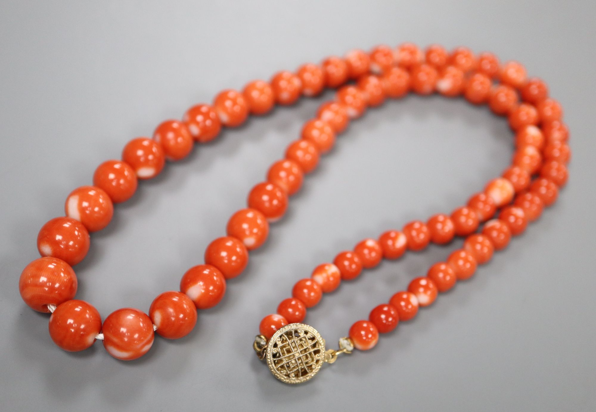 A single strand coral bead necklace, with gilt sterling clasp, 45cm, gross 32 grams.